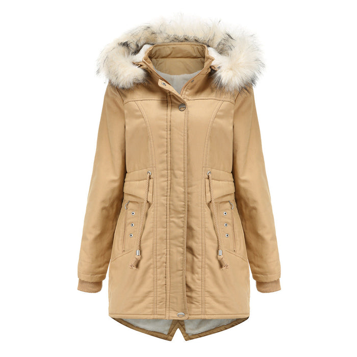 Color-Khaki-Women Cotton-Padded Clothes Fleece Mid-Length Detachable Hat Fur Collar Winter Warm Fleece Overcoat Woman Plus Size-Fancey Boutique