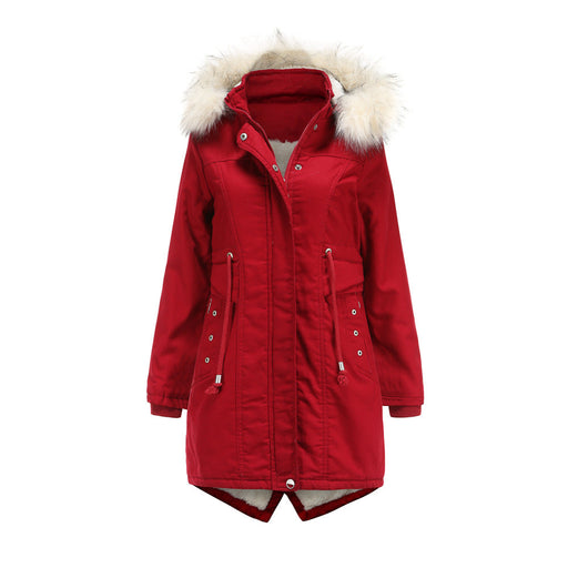 Color-Red-Women Cotton-Padded Clothes Fleece Mid-Length Detachable Hat Fur Collar Winter Warm Fleece Overcoat Woman Plus Size-Fancey Boutique