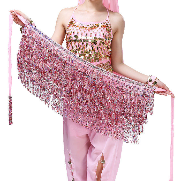 Color-Pink-Belly Dance Sequ Tassels Waist Chain Indian Dance Bohemian Lace up Sequ Hip Scarf Waist Scarf Sequ Tassel Skirt-Fancey Boutique