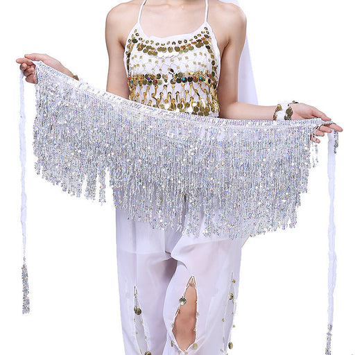 Color-Silver-Belly Dance Sequ Tassels Waist Chain Indian Dance Bohemian Lace up Sequ Hip Scarf Waist Scarf Sequ Tassel Skirt-Fancey Boutique