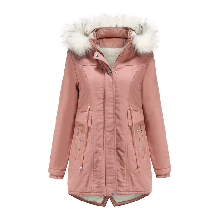 Color-Pink-Women Cotton-Padded Clothes Fleece Mid-Length Detachable Hat Fur Collar Winter Warm Fleece Overcoat Woman Plus Size-Fancey Boutique
