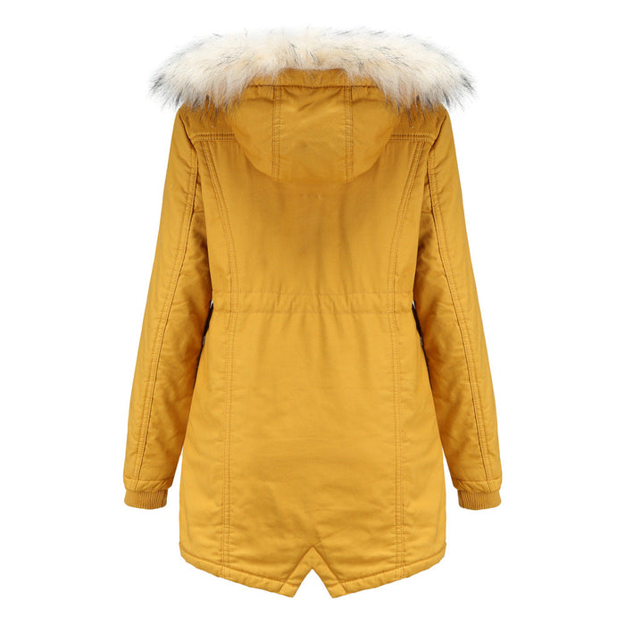 Color-Women Cotton-Padded Clothes Fleece Mid-Length Detachable Hat Fur Collar Winter Warm Fleece Overcoat Woman Plus Size-Fancey Boutique