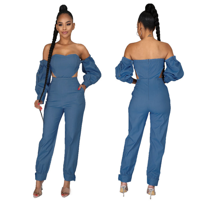 Color-Denim Women Wear off-Shoulder Denim Set-Fancey Boutique