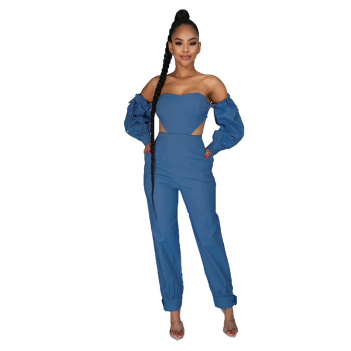 Color-Denim Women Wear off-Shoulder Denim Set-Fancey Boutique