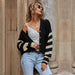 Color-Fall V neck Color Matching Knitted Striped Sweater Short Coat Women Cardigan-Fancey Boutique