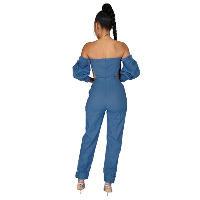 Color-Denim Women Wear off-Shoulder Denim Set-Fancey Boutique