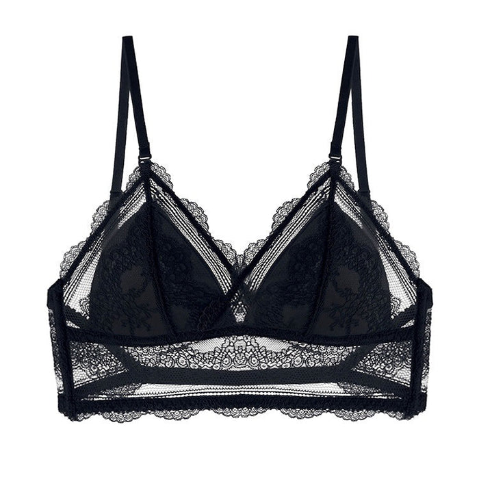 Color-Black Lace a-bralette French Sexy U-Shaped Beauty Back Underwear Women Wireless Thin Bra Invisible Backless Lace Triangle Cup Bra Summer-Fancey Boutique