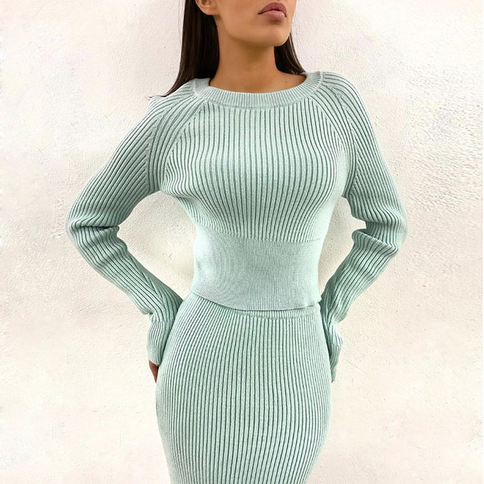 Color-Green-Autumn Winter Casual Slim Irregular Asymmetric Solid Color Knitted Coat Skirt Tw piece Set Sweater Suit-Fancey Boutique