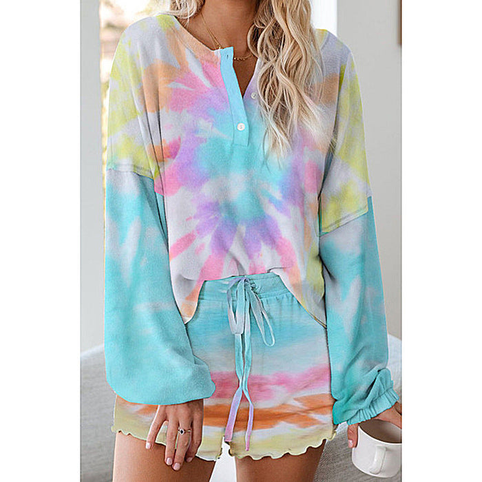 Color-Multi1-Tie-dyed Printed Casual Long Sleeve Shorts Set-Fancey Boutique