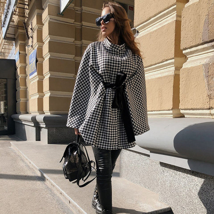 Color-Plaid-Autumn Winter Women Coat Houndstooth Woolen Coat Loose Lace-up Cloak Robe Top-Fancey Boutique