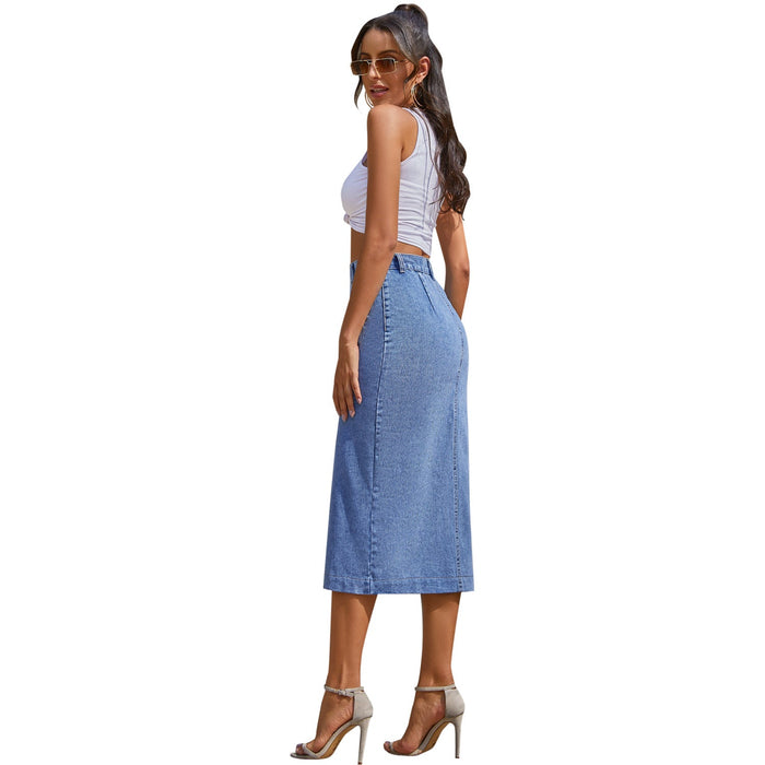 Color-Women Clothing Button Irregular Asymmetric Slit Denim High Waist Long Skirt-Fancey Boutique