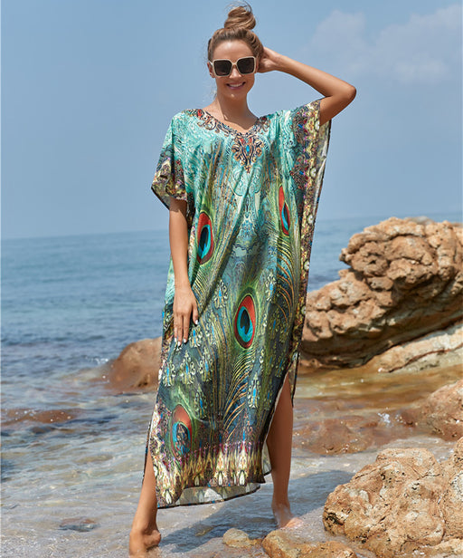 Color-Peacock Feather-Polyester Feather Print Beach Cover up Sexy Deep V Plunge neck Vacation Sun Protection Shirt Dress Beach Cover Up-Fancey Boutique