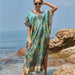 Color-Peacock Feather-Polyester Feather Print Beach Cover up Sexy Deep V Plunge neck Vacation Sun Protection Shirt Dress Beach Cover Up-Fancey Boutique