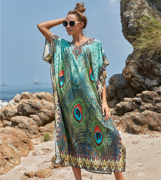 Color-Peacock Feather-Polyester Feather Print Beach Cover up Sexy Deep V Plunge neck Vacation Sun Protection Shirt Dress Beach Cover Up-Fancey Boutique
