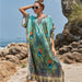 Color-Peacock Feather-Polyester Feather Print Beach Cover up Sexy Deep V Plunge neck Vacation Sun Protection Shirt Dress Beach Cover Up-Fancey Boutique