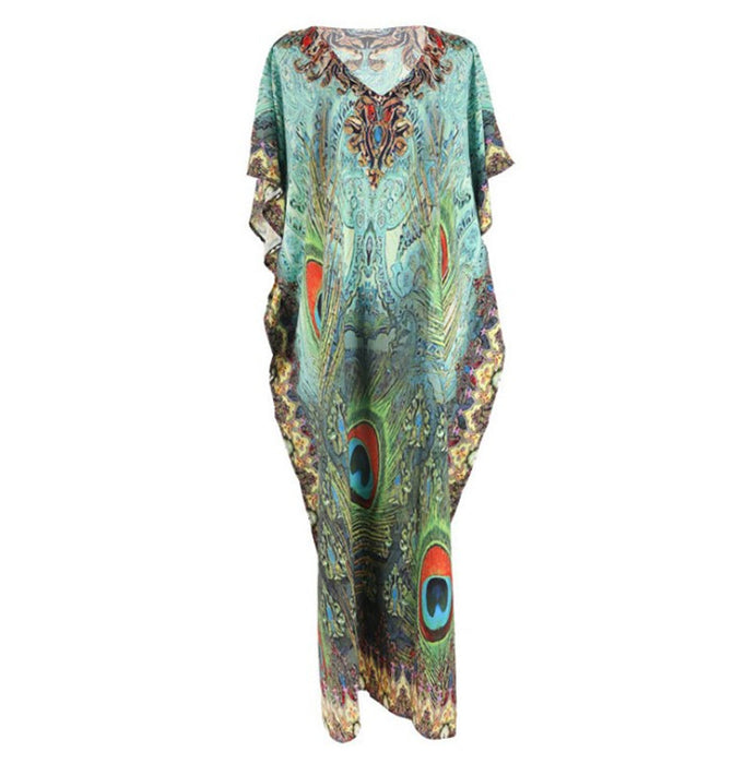 Color-Peacock Feather-Polyester Feather Print Beach Cover up Sexy Deep V Plunge neck Vacation Sun Protection Shirt Dress Beach Cover Up-Fancey Boutique