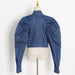 Color-Blue-Brand Autumn Stand Collar Gigot Sleeve Waist Slimming Solid Color All Matching Denim Top Shirt-Fancey Boutique