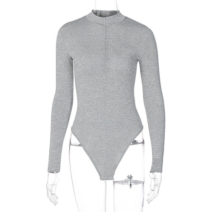 Color-Gray-Long-sleeve Zipper Slim Fit Slim Looking Base Bodysuit Autumn-Fancey Boutique