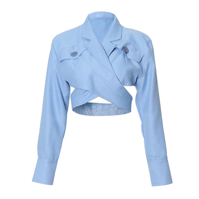 Color-Blue-Winter Collar Long Sleeve Hollow Out Cutout Short Top Women Solid Color Sexy Waist Hollow Out Cutout Women Blazers-Fancey Boutique