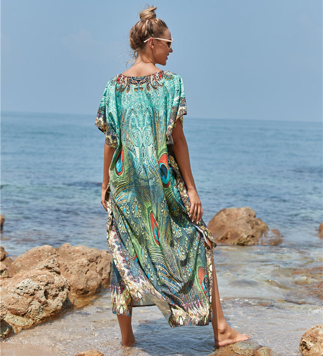 Color-Peacock Feather-Polyester Feather Print Beach Cover up Sexy Deep V Plunge neck Vacation Sun Protection Shirt Dress Beach Cover Up-Fancey Boutique