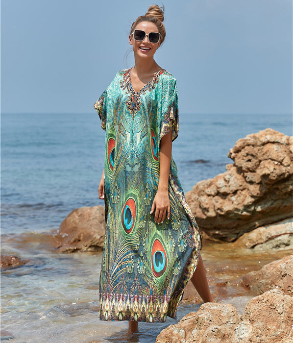 Color-Peacock Feather-Polyester Feather Print Beach Cover up Sexy Deep V Plunge neck Vacation Sun Protection Shirt Dress Beach Cover Up-Fancey Boutique