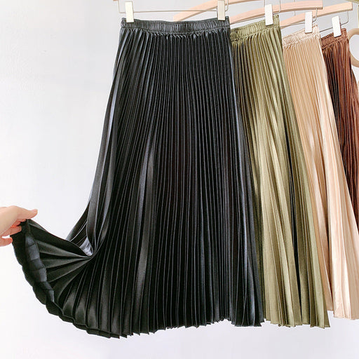 Color-Black-High Waist Satin Metallic Pleated Skirt Spring Summer Women Retro Mid-Length Slimming A- line Skirt-Fancey Boutique