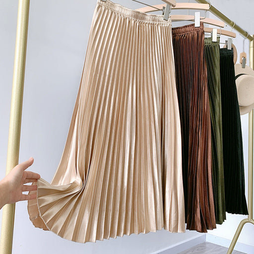 Color-Gold-High Waist Satin Metallic Pleated Skirt Spring Summer Women Retro Mid-Length Slimming A- line Skirt-Fancey Boutique
