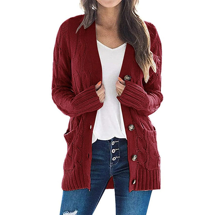 Color-Burgundy-Autumn Winter Women Clothing Casual Cardigan Coat Solid Color Twist Button Cardigan Sweater Women-Fancey Boutique