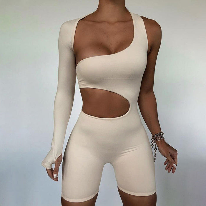 Color-Khaki-Women Clothing Spring Long Sleeve Sexy Hollow Out Cutout Sports Romper-Fancey Boutique