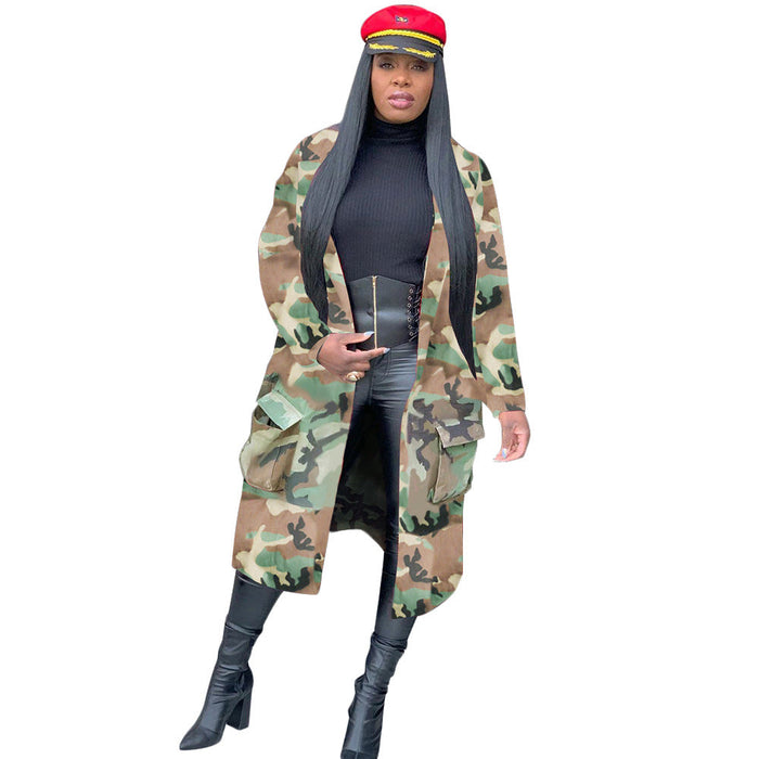 Color-Autumn Winter Women Clothing Camouflage Printed Mid-Length Trench Coat-Fancey Boutique