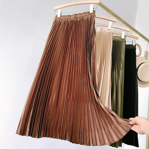 Color-Brown-High Waist Satin Metallic Pleated Skirt Spring Summer Women Retro Mid-Length Slimming A- line Skirt-Fancey Boutique