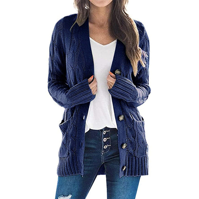 Color-Navy Blue-Autumn Winter Women Clothing Casual Cardigan Coat Solid Color Twist Button Cardigan Sweater Women-Fancey Boutique