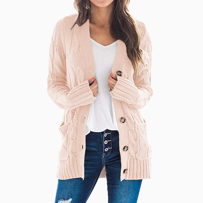 Color-Pink-Autumn Winter Women Clothing Casual Cardigan Coat Solid Color Twist Button Cardigan Sweater Women-Fancey Boutique