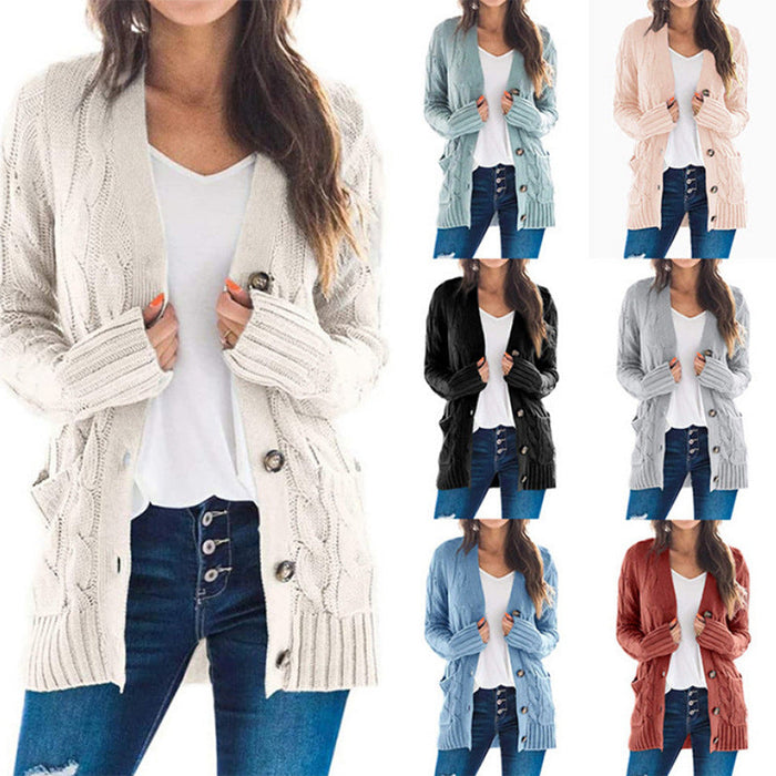 Color-Autumn Winter Women Clothing Casual Cardigan Coat Solid Color Twist Button Cardigan Sweater Women-Fancey Boutique