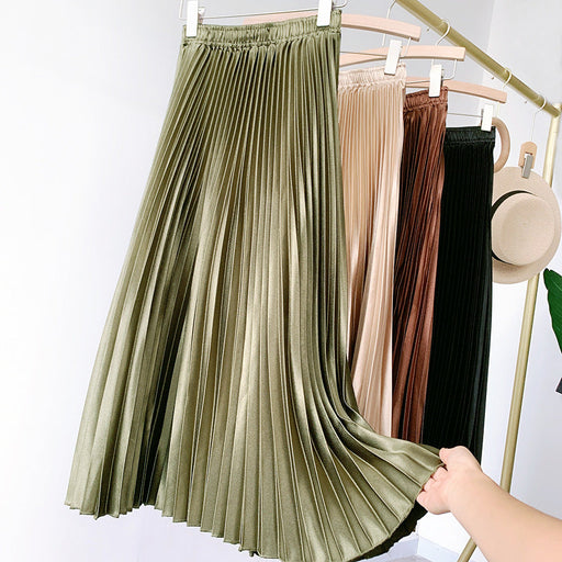Color-Green-High Waist Satin Metallic Pleated Skirt Spring Summer Women Retro Mid-Length Slimming A- line Skirt-Fancey Boutique