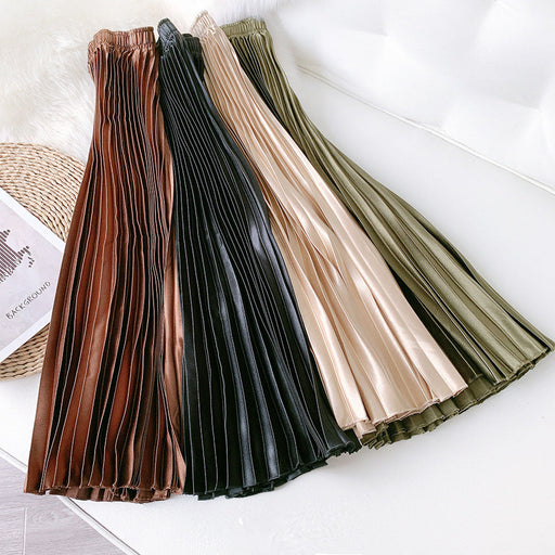 Color-High Waist Satin Metallic Pleated Skirt Spring Summer Women Retro Mid-Length Slimming A- line Skirt-Fancey Boutique