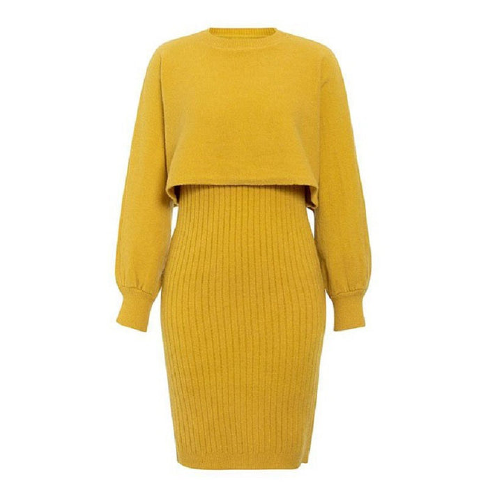 Color-Knitted Dress Two Piece Set Autumn Winter Solid Color Pullover Sweater Women-Fancey Boutique