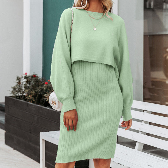 Color-Knitted Dress Two Piece Set Autumn Winter Solid Color Pullover Sweater Women-Fancey Boutique