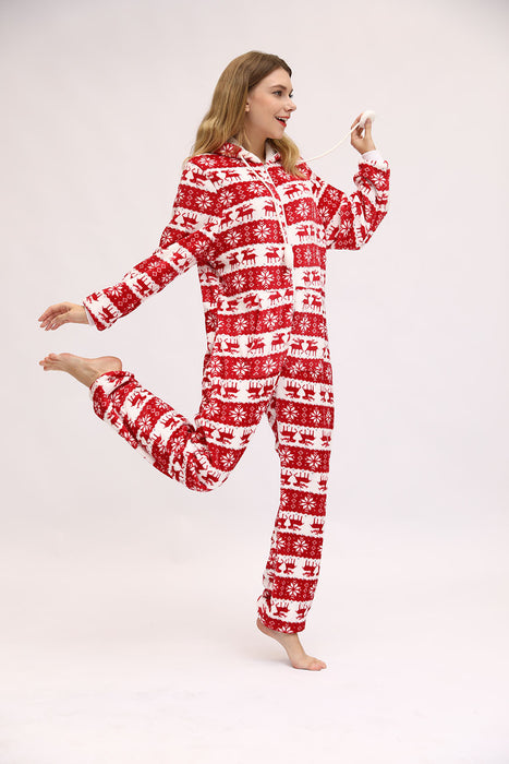 Color-Women Christmas Festival Deer Snowflake Flannel Jumpsuit Pajamas Home Wear-Fancey Boutique