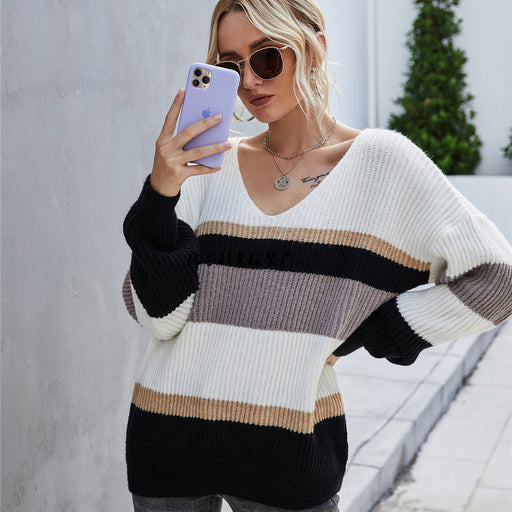 Color-Autumn Winter Online Influencer Pullover Patchwork V neck plus Size Knitwear Sweater-Fancey Boutique