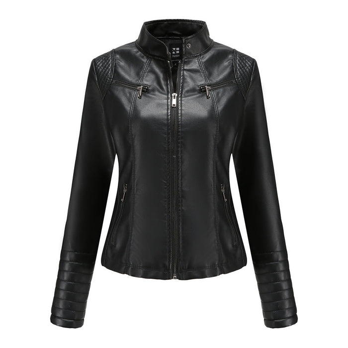 Color-Black-New Women Leather Clothing Women Spring Autumn Thin Motorcycle Clothing Size Leather Coat Short Chic Women Jacket-Fancey Boutique