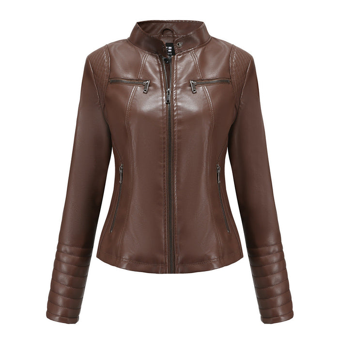 Color-Brown-New Women Leather Clothing Women Spring Autumn Thin Motorcycle Clothing Size Leather Coat Short Chic Women Jacket-Fancey Boutique