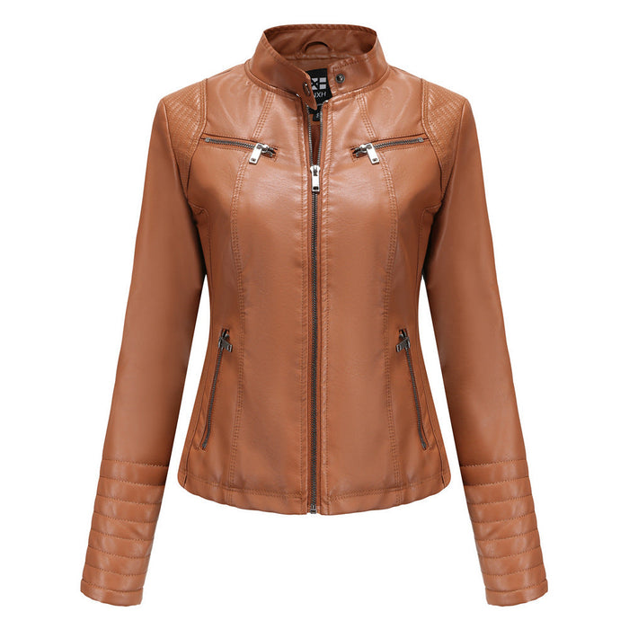 Color-camel-New Women Leather Clothing Women Spring Autumn Thin Motorcycle Clothing Size Leather Coat Short Chic Women Jacket-Fancey Boutique