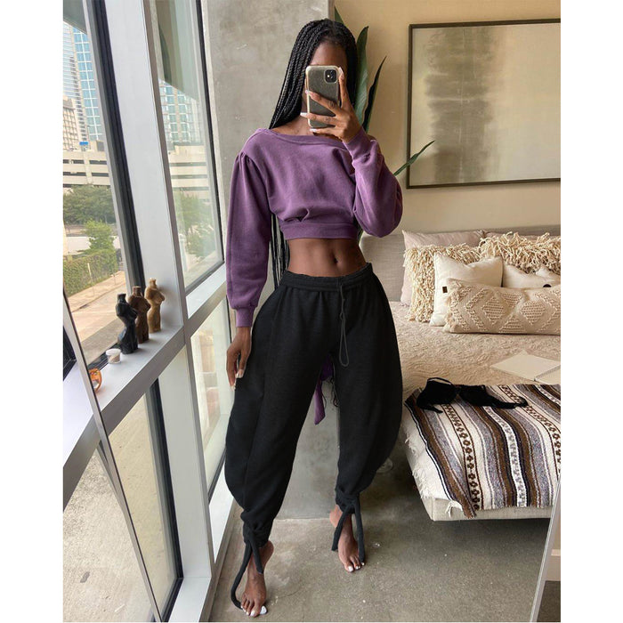 Color-Women Clothing Sexy Nightclub Solid Color Lace-up Ankle-Tied Wide Leg Casual Sports Pants-Fancey Boutique