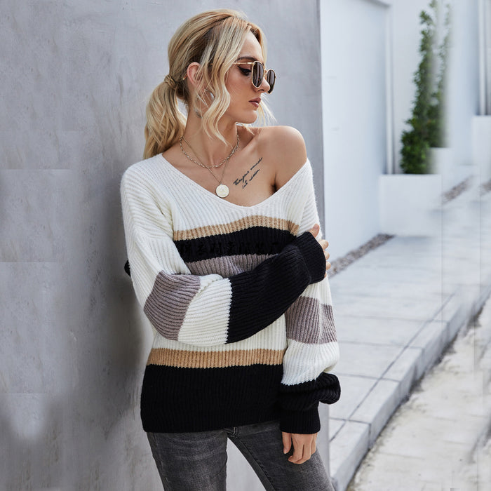 Color-Autumn Winter Online Influencer Pullover Patchwork V neck plus Size Knitwear Sweater-Fancey Boutique