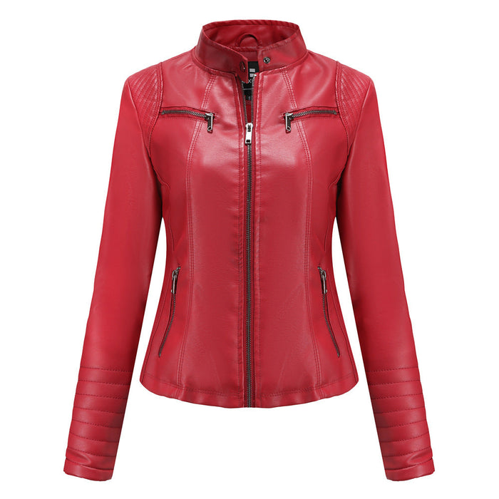 Color-Red-New Women Leather Clothing Women Spring Autumn Thin Motorcycle Clothing Size Leather Coat Short Chic Women Jacket-Fancey Boutique