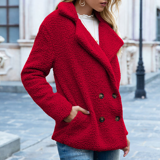 Color-Autumn Winter Button Collared Loose Fleece Shirt Cashmere Wool Coat Women Outerwear-Fancey Boutique