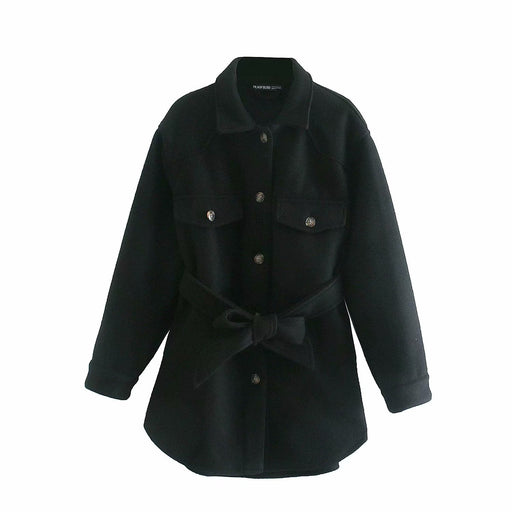 Color-Black-Fall Lapels Single-Breasted Belt Waist Slim Mid-Length Woolen Coat Top Women-Fancey Boutique