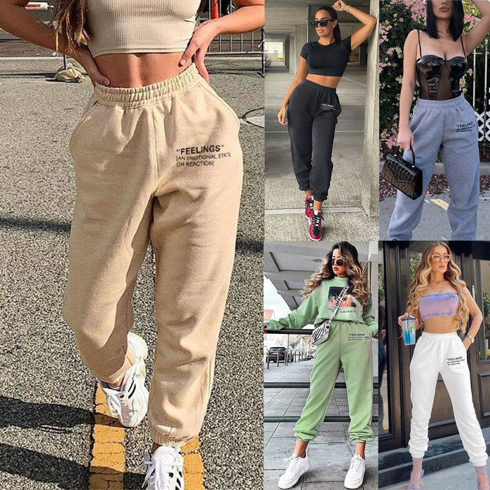 Color-Summer Autumn Solid Color Slim Casual Pants Women Elastic Waistband Letter Graphic Printed Sweatpants-Fancey Boutique