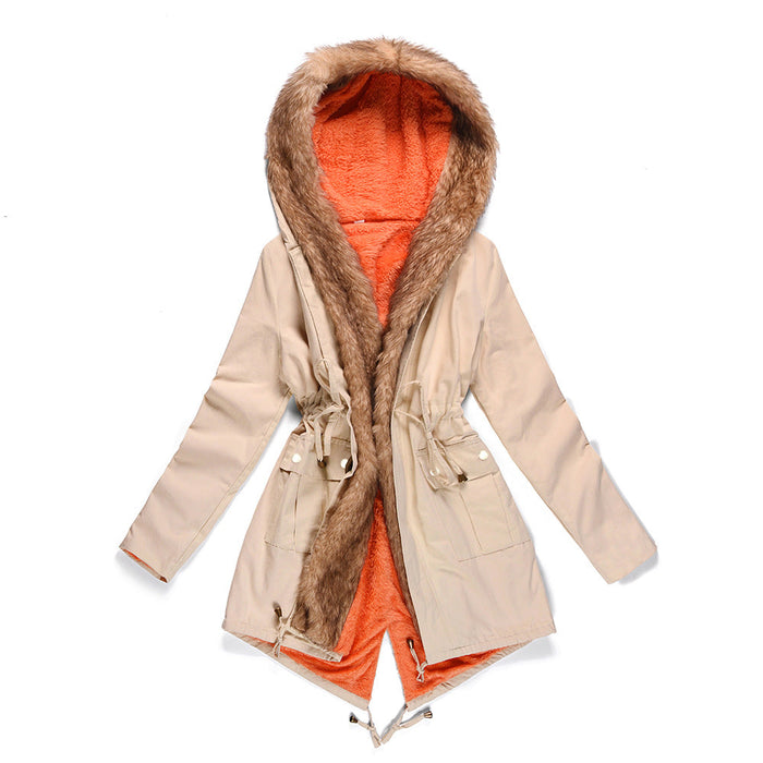 Color-Apricot-Autumn Winter Thickening Mid Length Wool Coat Parka Coat Winter Hooded Warm Windbreaker Women Clothing-Fancey Boutique